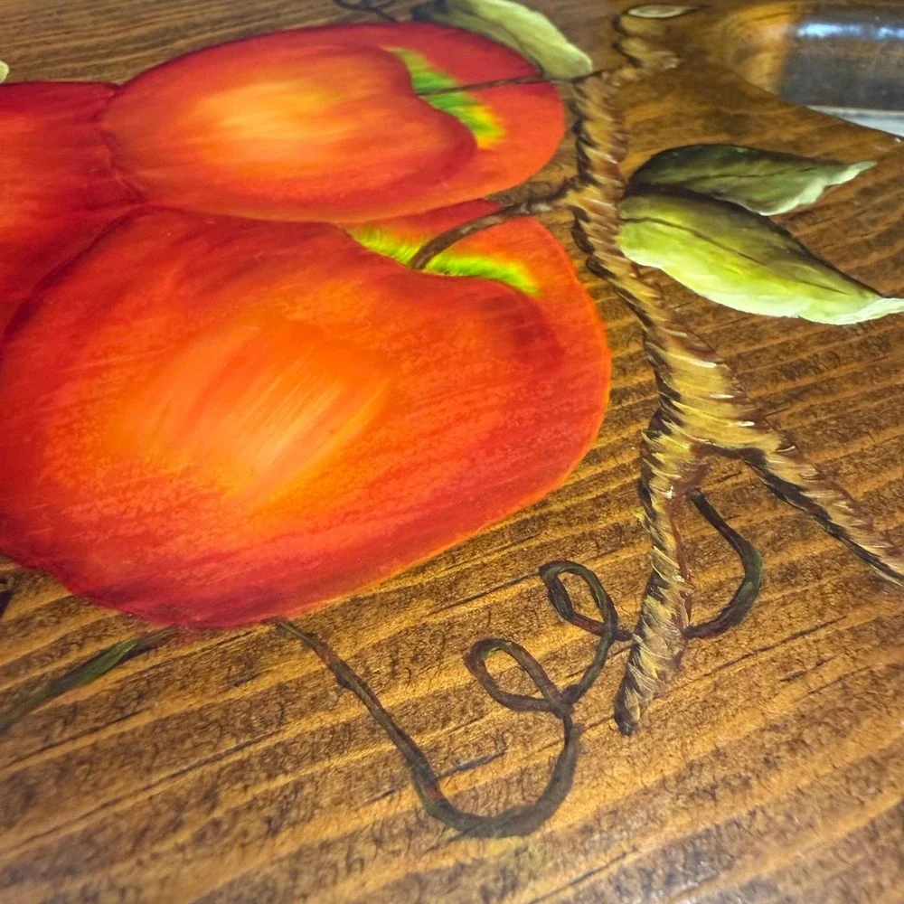 Hand Painted Apple Shaped Wood Wall Plaque Signed Vintage Kitchen Decor
